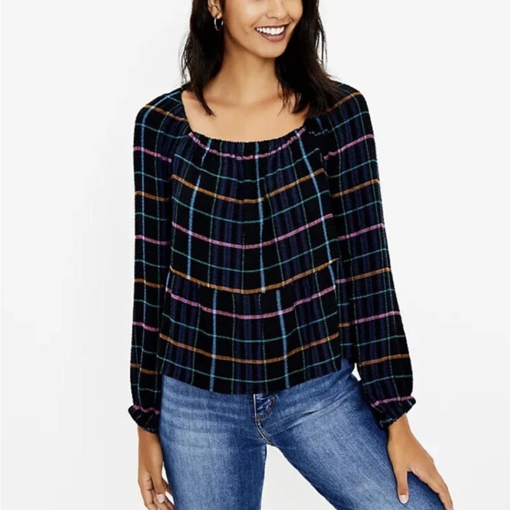 LOFT Multicolor Plaid Peplum Long Sleeve Blouse